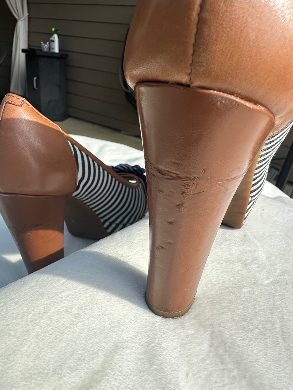 Gianni Bini Navy and White Striped Peep-Toe Heels with Tan Trim - Picture 3 of 8